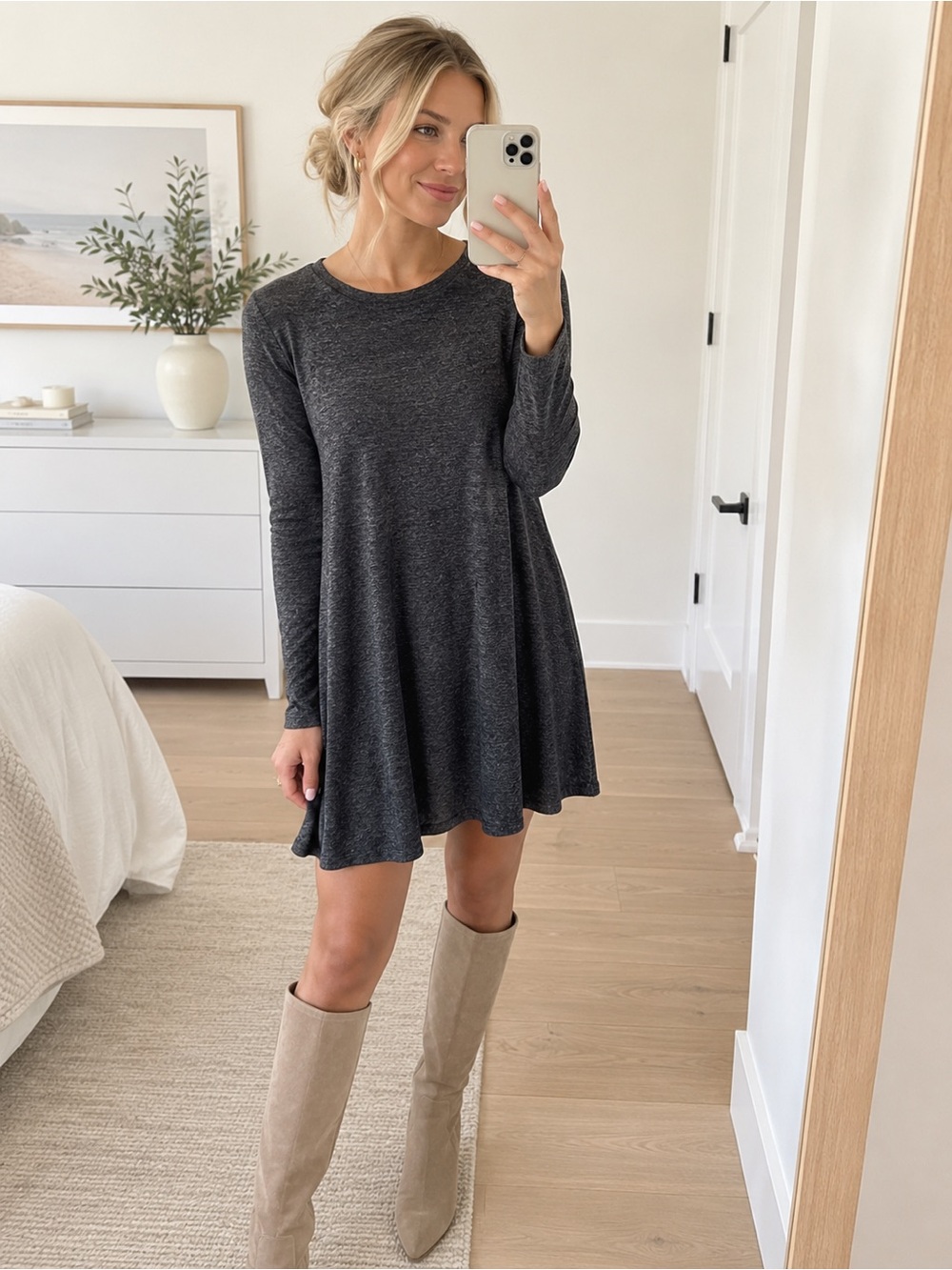 Heather Charcoal Gray Swing Dress Soft Knit Long Sleeve Tunic Dress Flowy A-Line